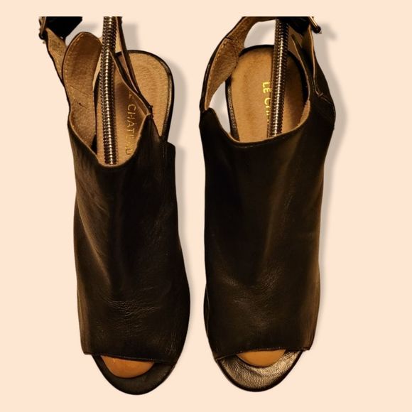 8.5 black genuine leather slingback boho chunky sandal heels - Picture 2 of 8